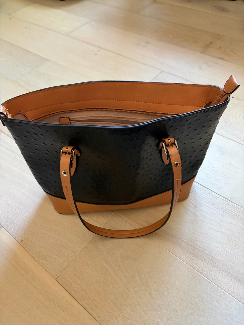 Black and Tan Textured Tote Bag with Tan Trim